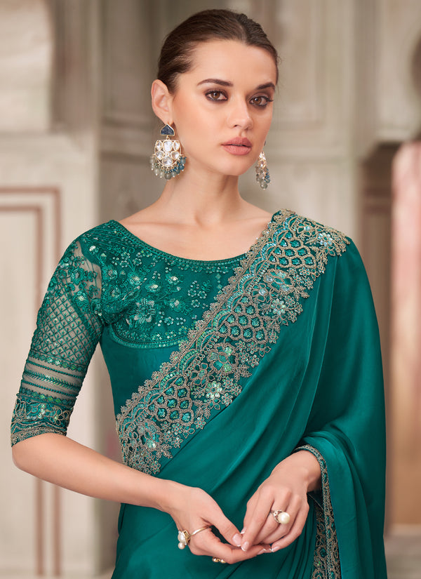 Vegaa Fashion Peacock Green Embroidered Traditional Wedding Saree