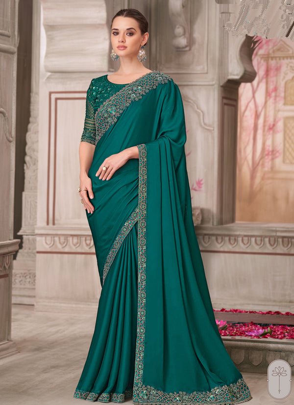 Vegaa Fashion Peacock Green Embroidered Traditional Wedding Saree