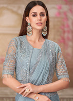 Thumbnail for Vegaa Fashion Silver Grey Embroidered Traditional Wedding Saree