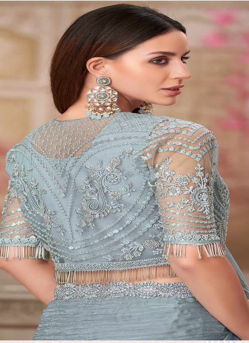 Vegaa Fashion Silver Grey Embroidered Traditional Wedding Saree