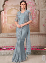 Thumbnail for Vegaa Fashion Silver Grey Embroidered Traditional Wedding Saree