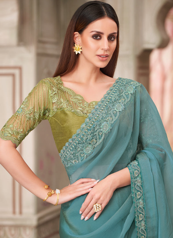 Vegaa Fashion Teal Green Embroidered Traditional Wedding Saree