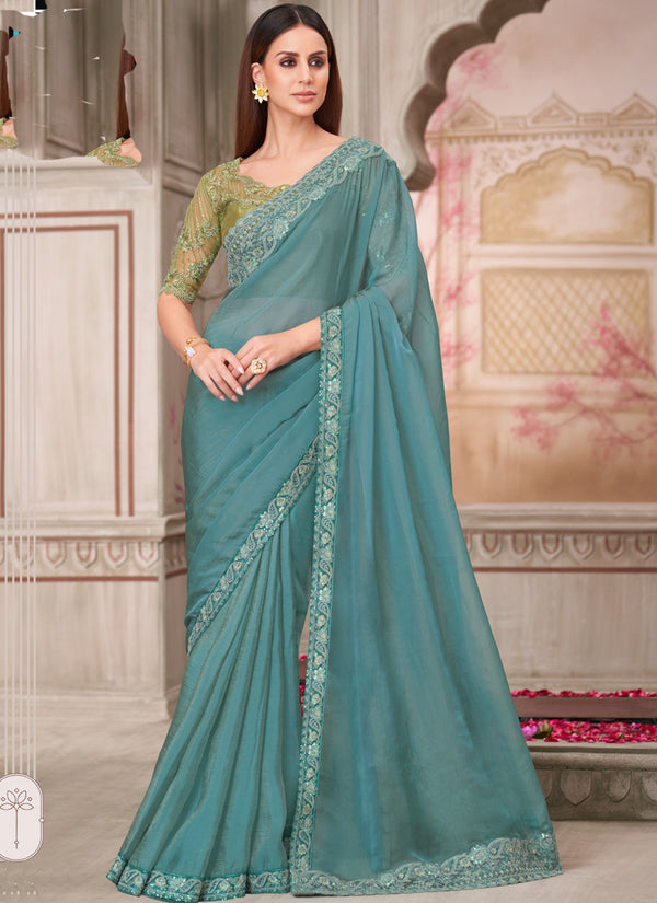 Vegaa Fashion Teal Green Embroidered Traditional Wedding Saree