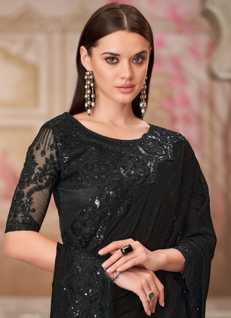Vegaa Fashion Black Sequence Embroidered Traditional Wedding Saree - Distacart