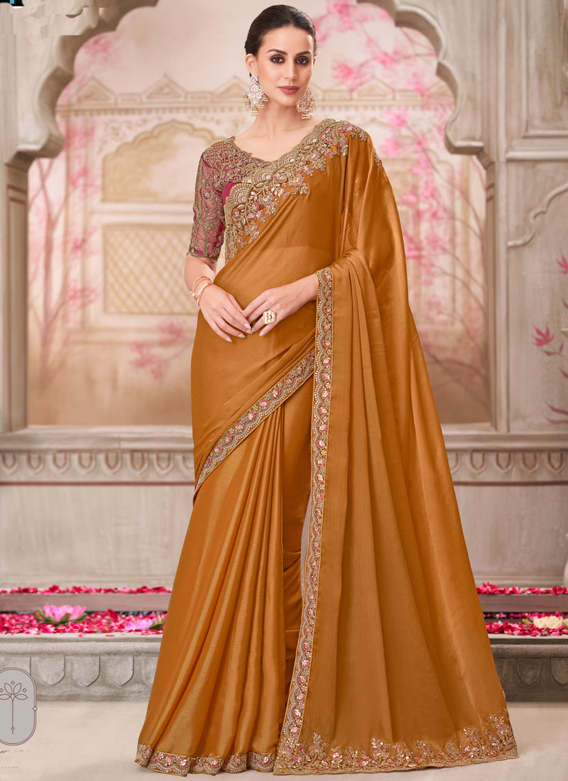 Vegaa Fashion Golden Red Embroidered Traditional Wedding Saree