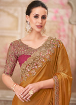 Thumbnail for Vegaa Fashion Golden Red Embroidered Traditional Wedding Saree