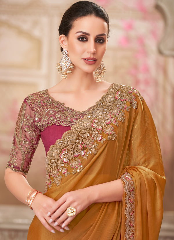 Vegaa Fashion Golden Red Embroidered Traditional Wedding Saree
