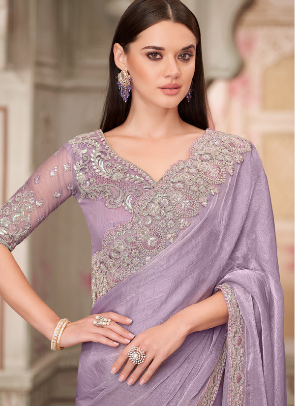 Vegaa Fashion Lavender Embroidered Traditional Wedding Saree