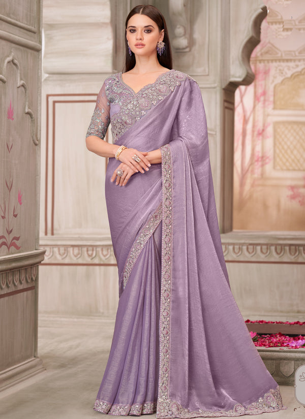 Vegaa Fashion Lavender Embroidered Traditional Wedding Saree