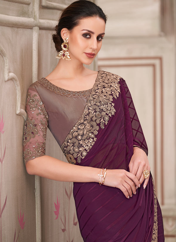 Vegaa Fashion Wine Embroidered Traditional Wedding Saree