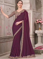 Thumbnail for Vegaa Fashion Wine Embroidered Traditional Wedding Saree
