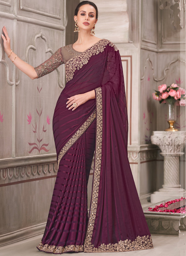 Vegaa Fashion Wine Embroidered Traditional Wedding Saree
