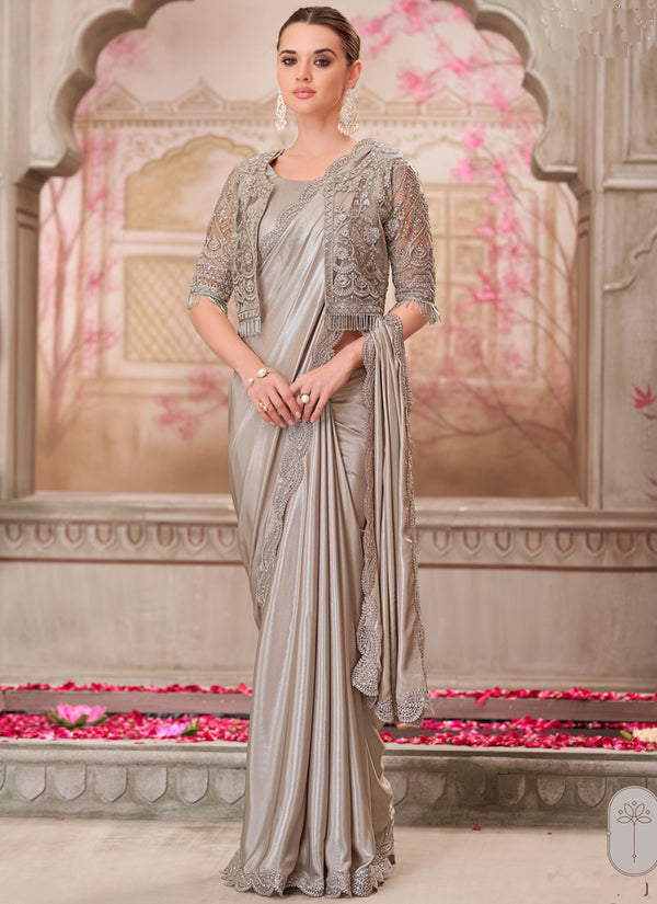 Vegaa Fashion Grey Embroidered Traditional Wedding Saree