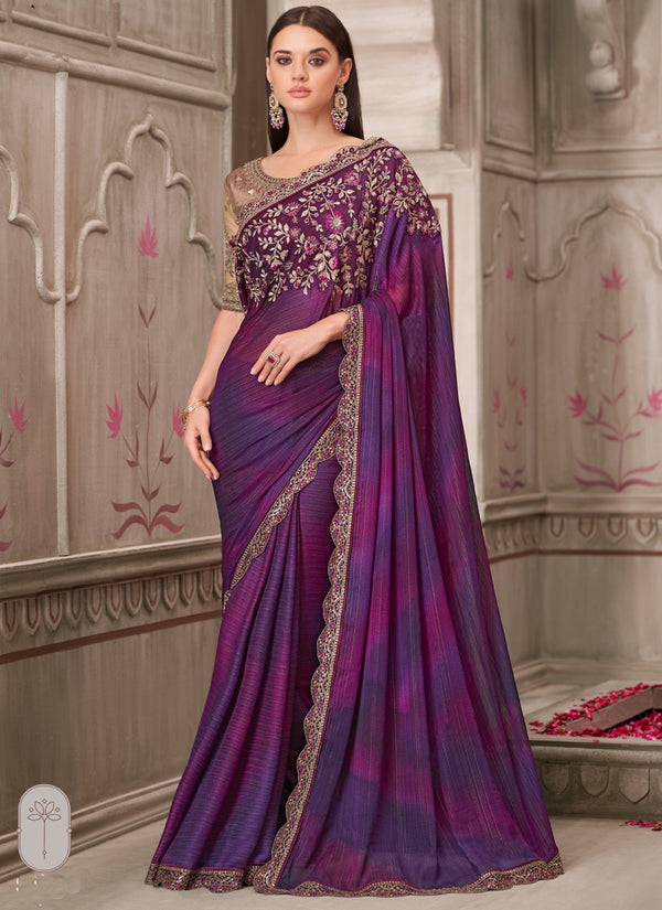 Vegaa Fashion Purple Sequin Embroidered Traditional Wedding Saree