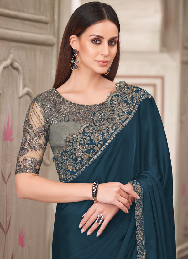 Vegaa Fashion Rose Gold Embroidered Traditional Wedding Saree