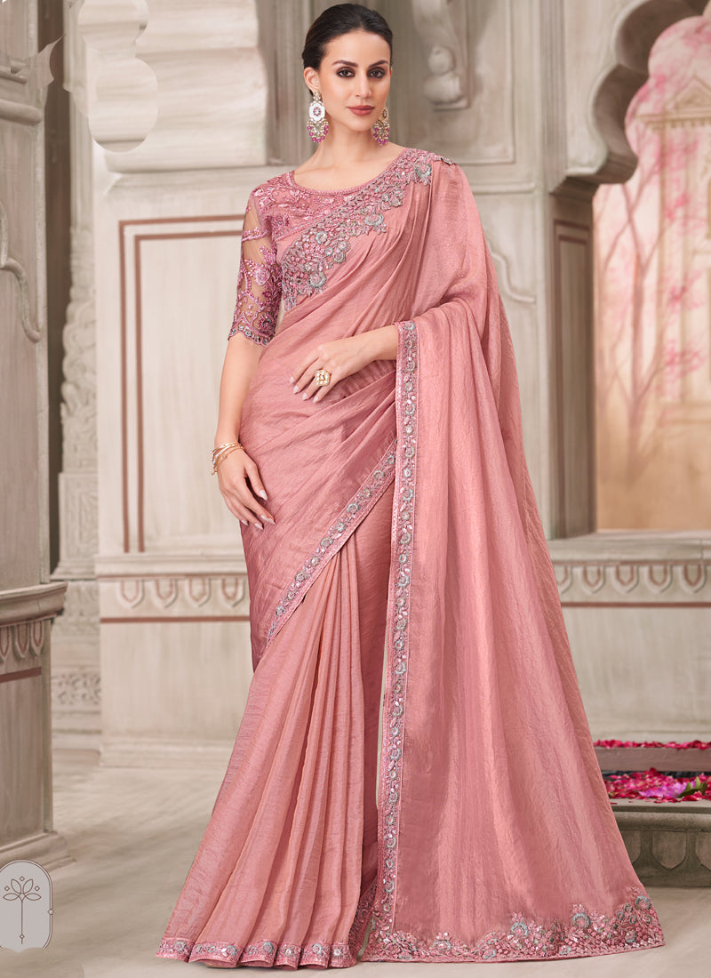 Vegaa Fashion Blush Pink Embroidered Traditional Wedding Saree