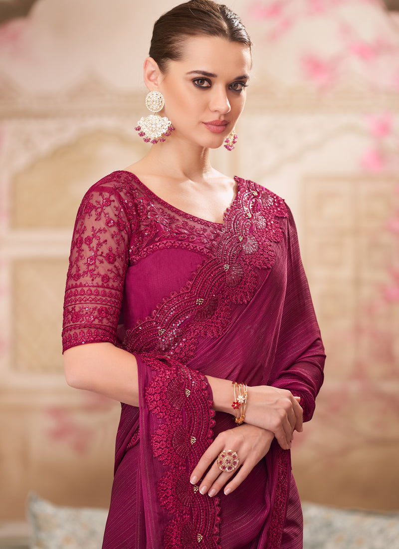 Vegaa Fashion Magenta Pink Embroidered Traditional Wedding Saree