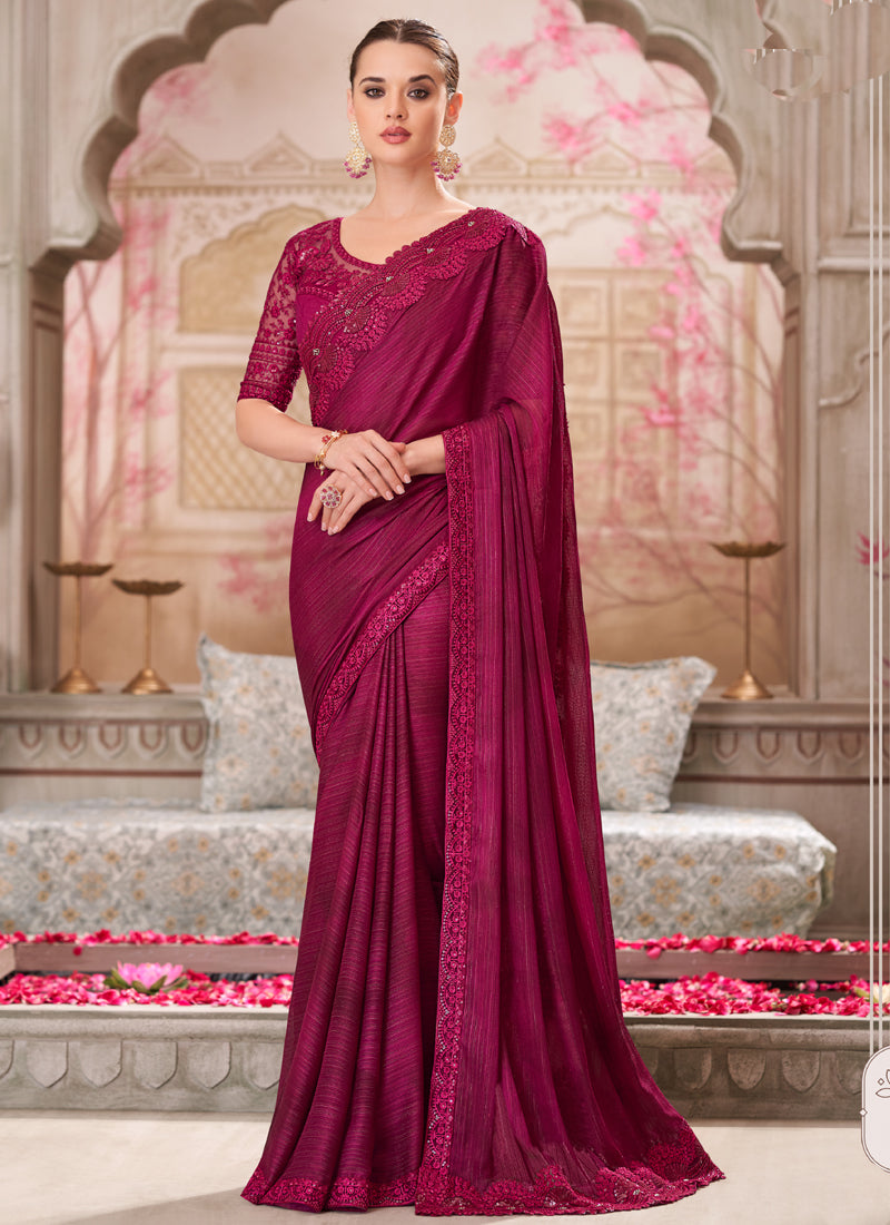 Vegaa Fashion Magenta Pink Embroidered Traditional Wedding Saree
