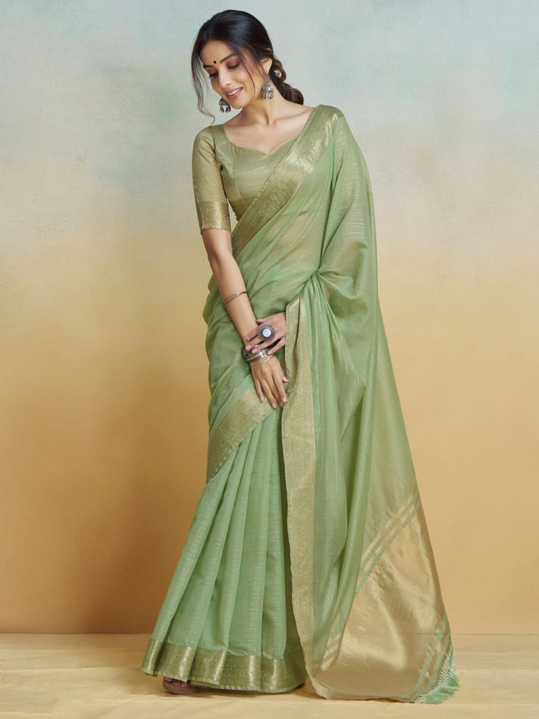 Mitera Striped Zari Pure Cotton Chanderi Saree - Distacart