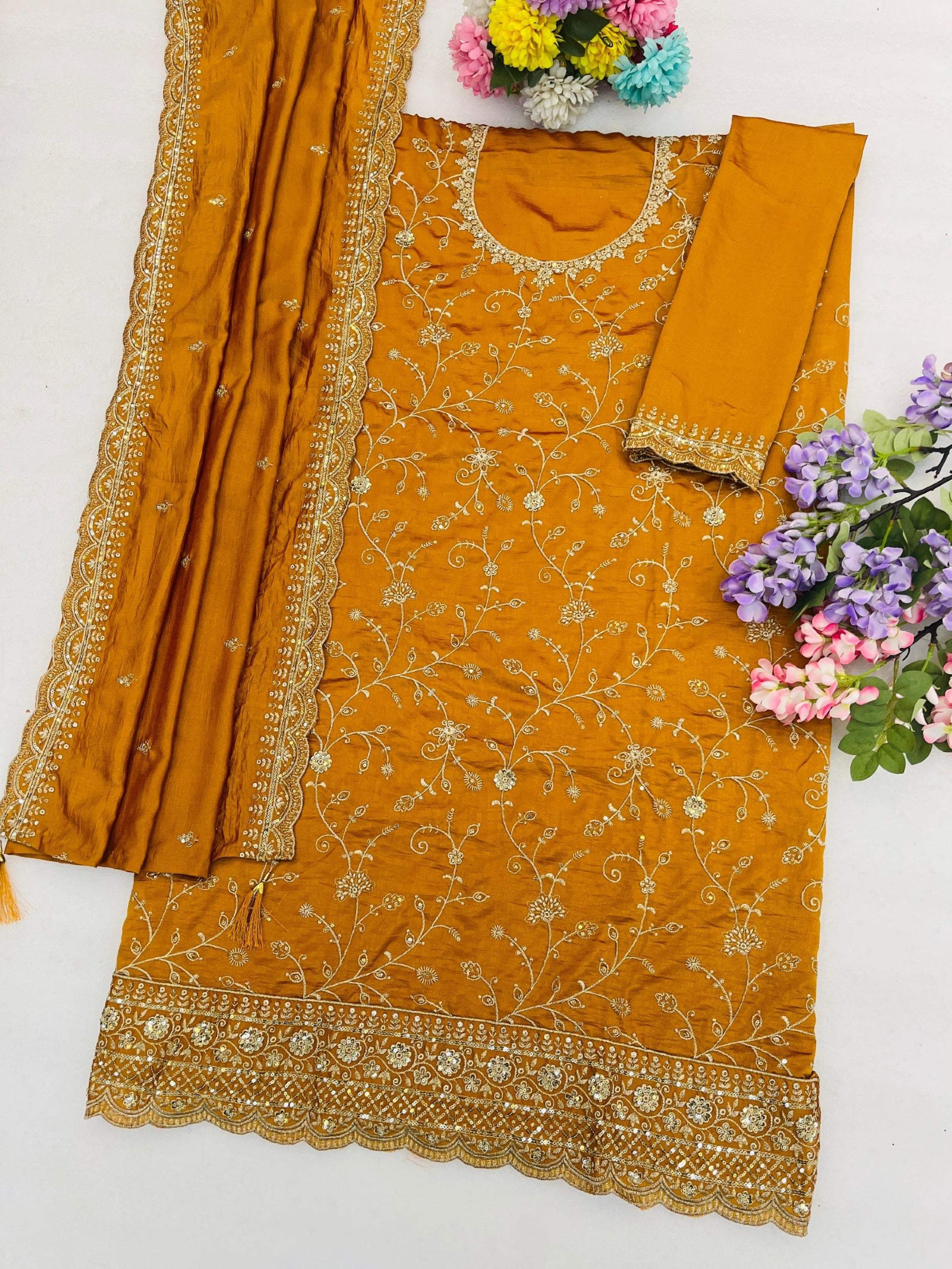 Anaita Mustard Vichitra Silk Suit With Embroidery & Sequence Work - Dista