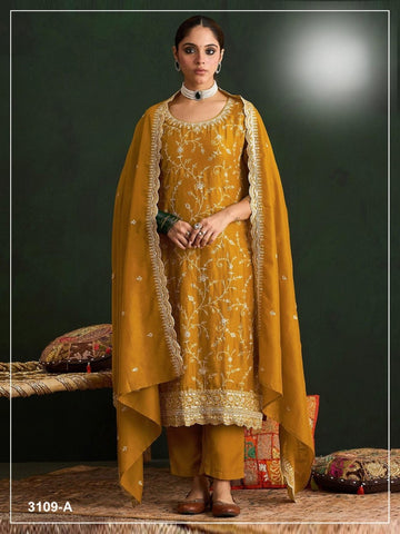 Anaita Mustard Vichitra Silk Suit With Embroidery & Sequence Work - Dista