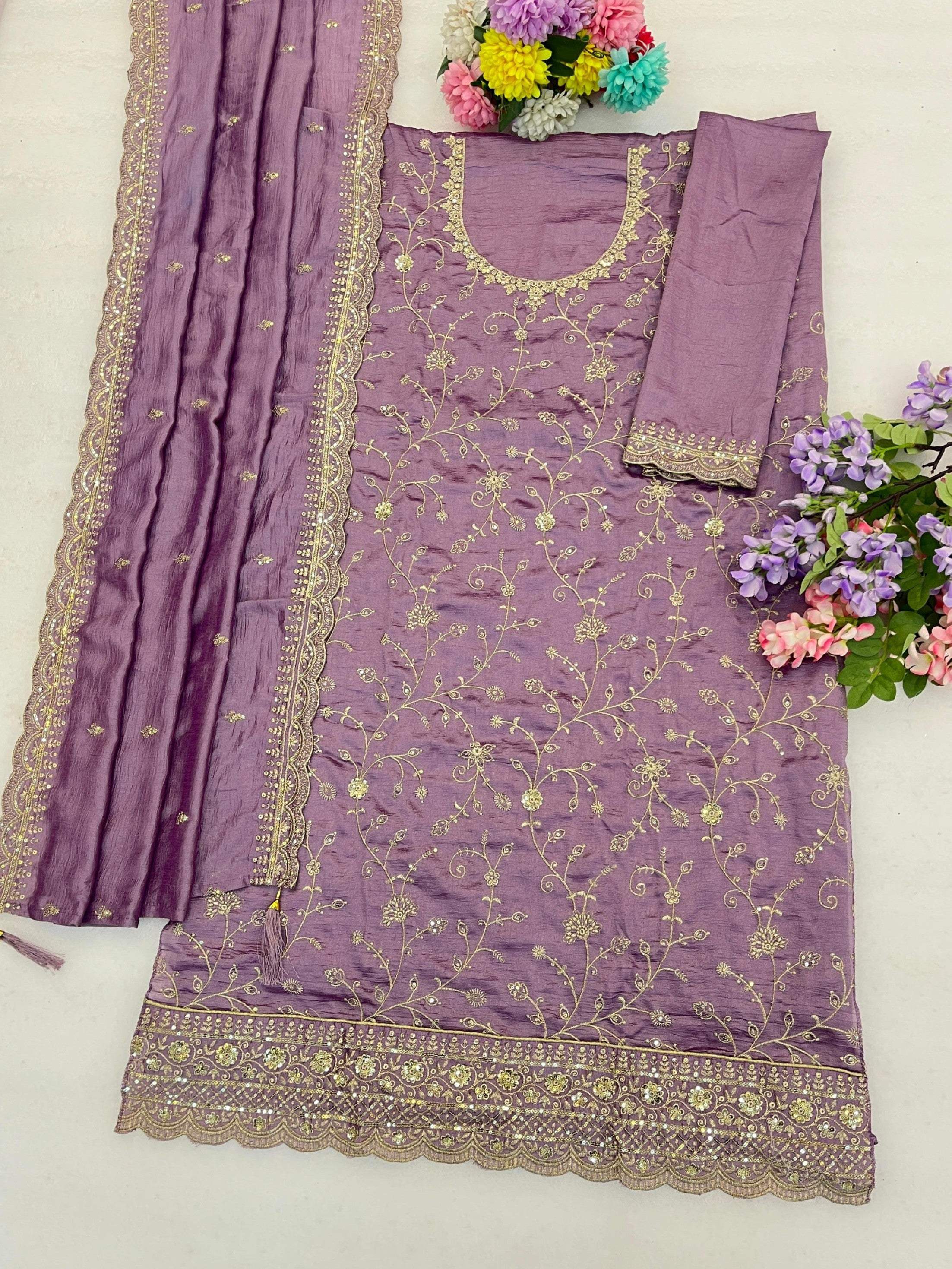 Anaita Purple Vichitra Silk Suit With Embroidery & Sequence Work - Dista