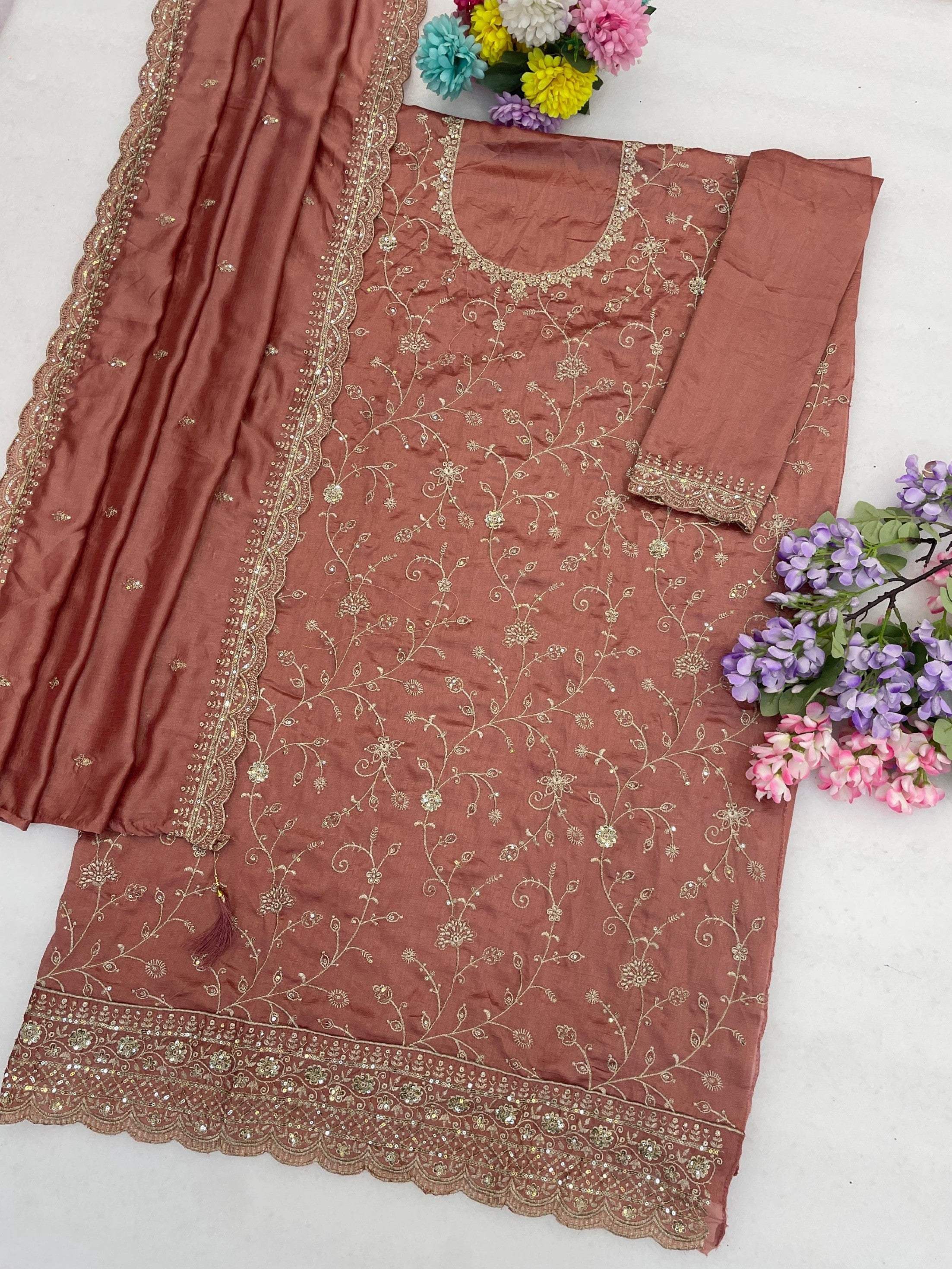 Anaita Peach Vichitra Silk Suit With Embroidery & Sequence Work - Dista