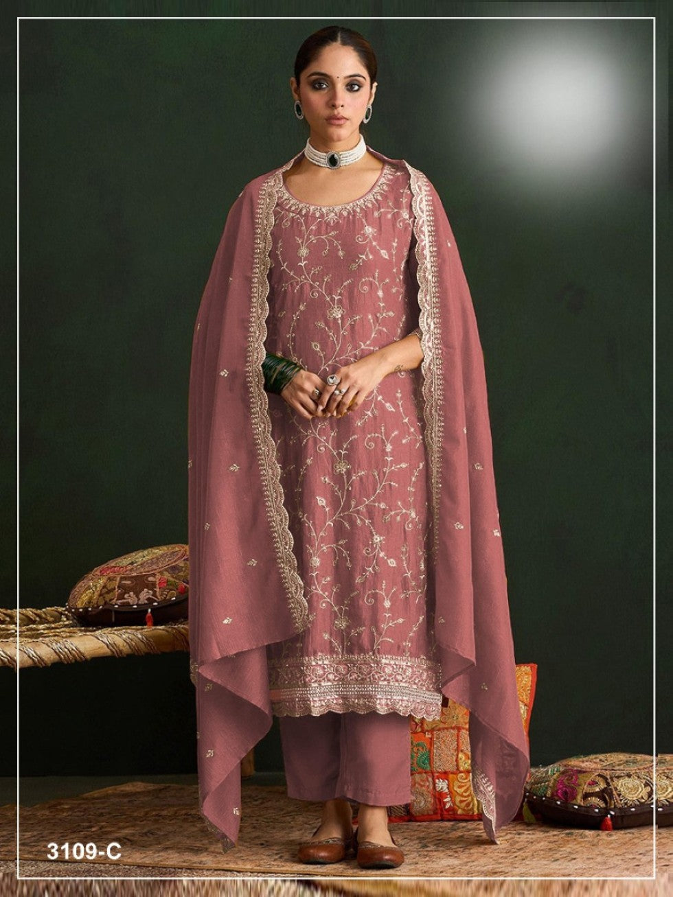 Anaita Peach Vichitra Silk Suit With Embroidery & Sequence Work - Dista
