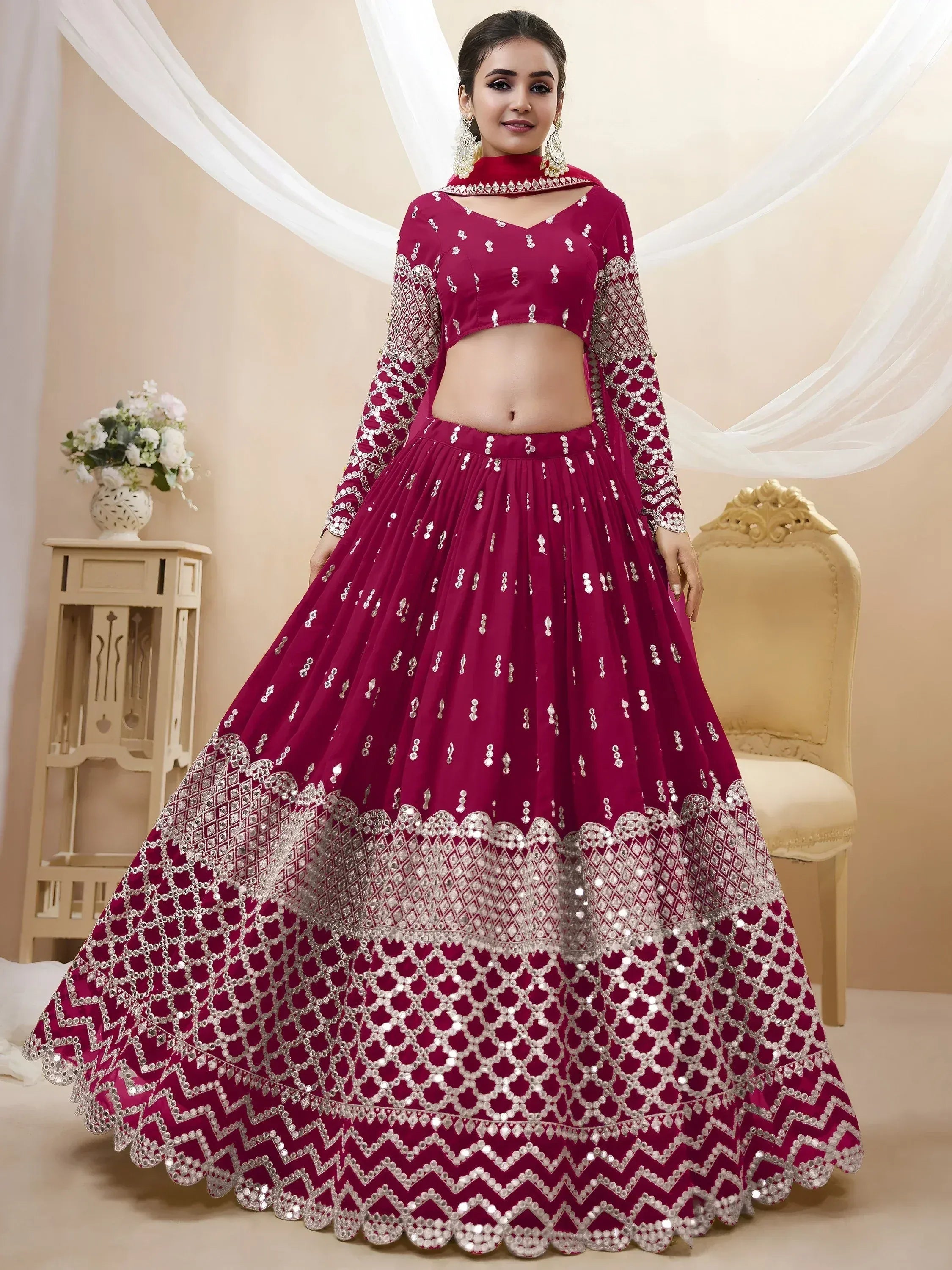 Tulsi Art Mesmerizing Dark Pink Sequins Work Georgette Bridesmaid Lehenga Choli - Dista