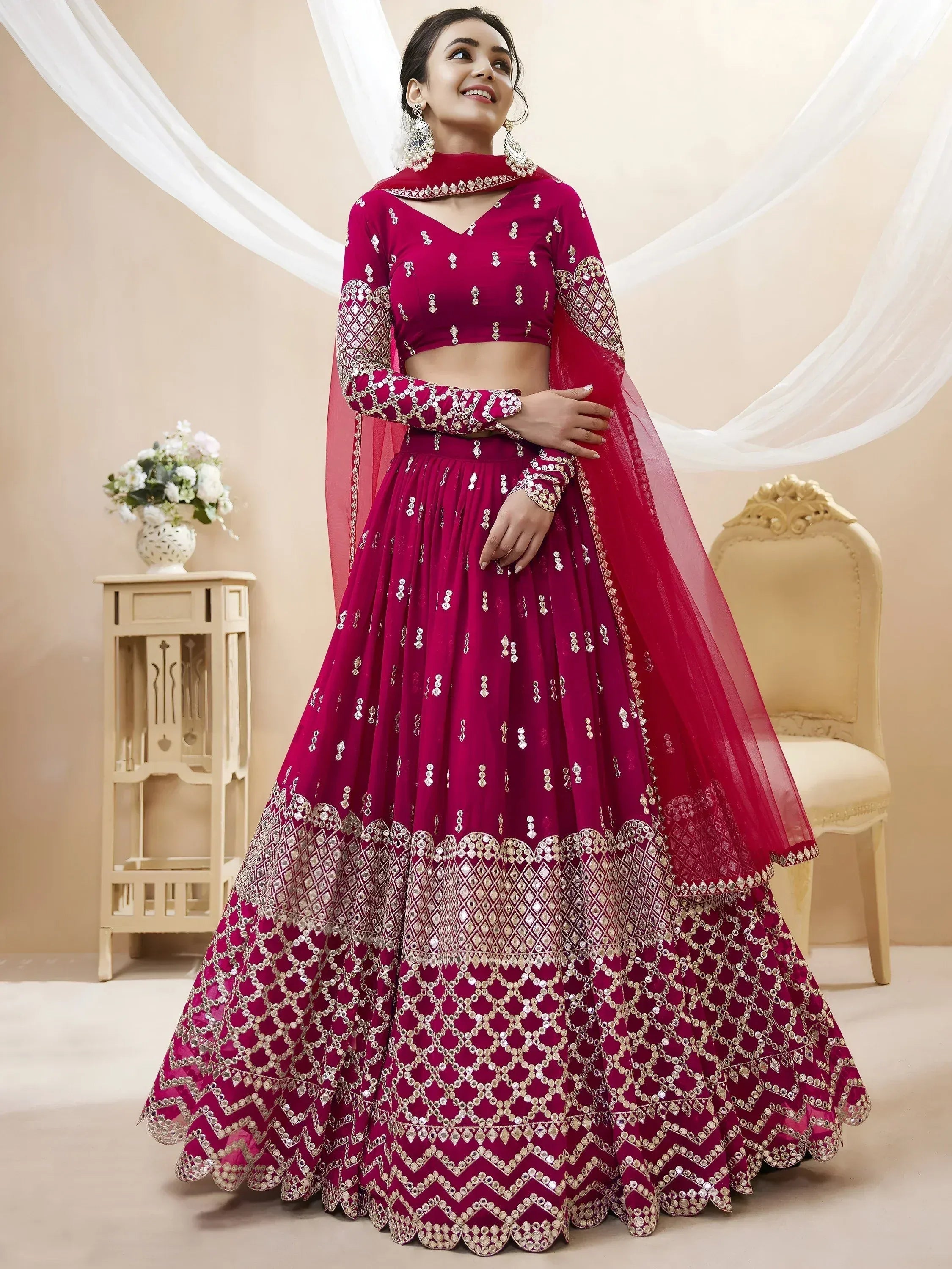 Tulsi Art Mesmerizing Dark Pink Sequins Work Georgette Bridesmaid Lehenga Choli