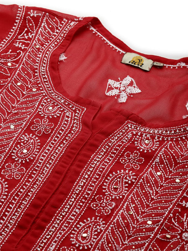 ADA Women Red & White Hand Embroidered Chikankari Sustainable Handloom Kurta With Matching Slip - Distacart