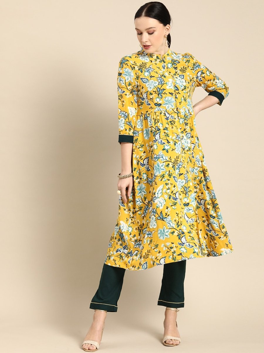 All About You Women Yellow Floral Print Regular Kurta with Trousers - Distacart