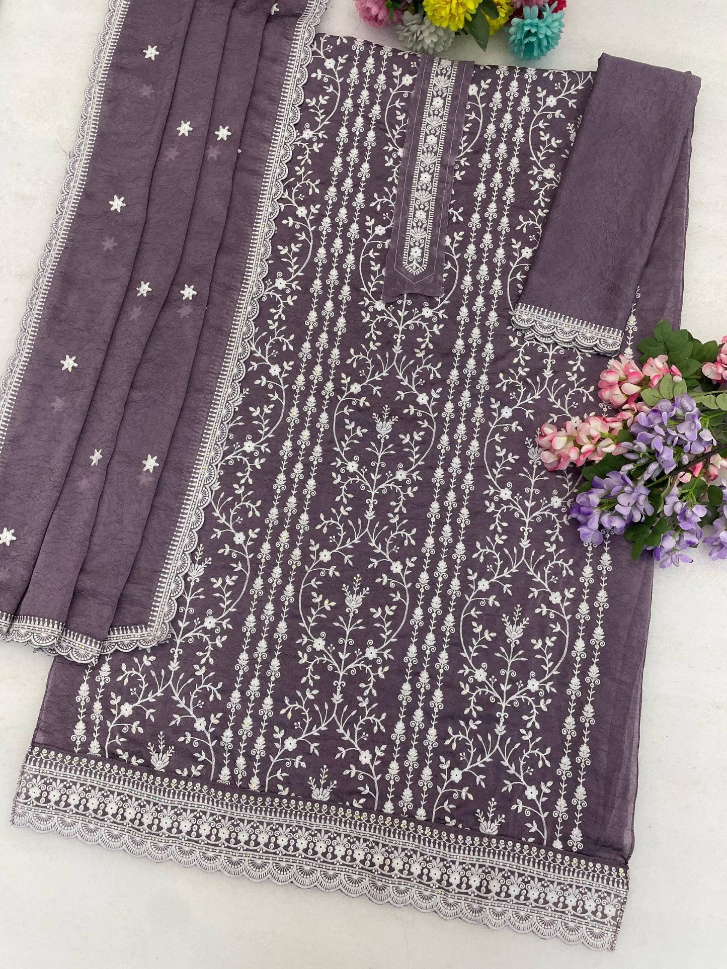 Anaita Purple Silk Suit with Embroidery & Sequence Work - Dista
