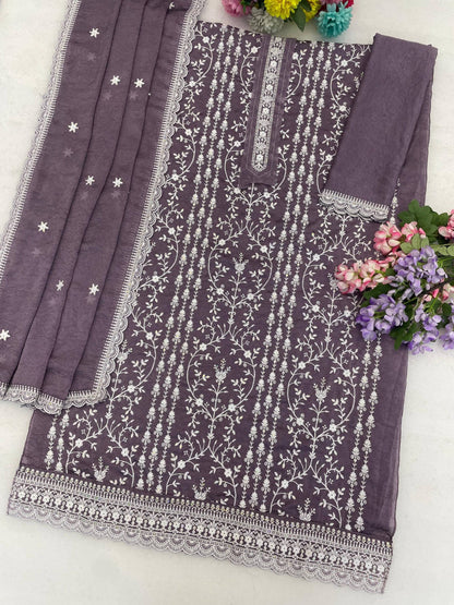 Anaita Purple Silk Suit with Embroidery & Sequence Work - Dista