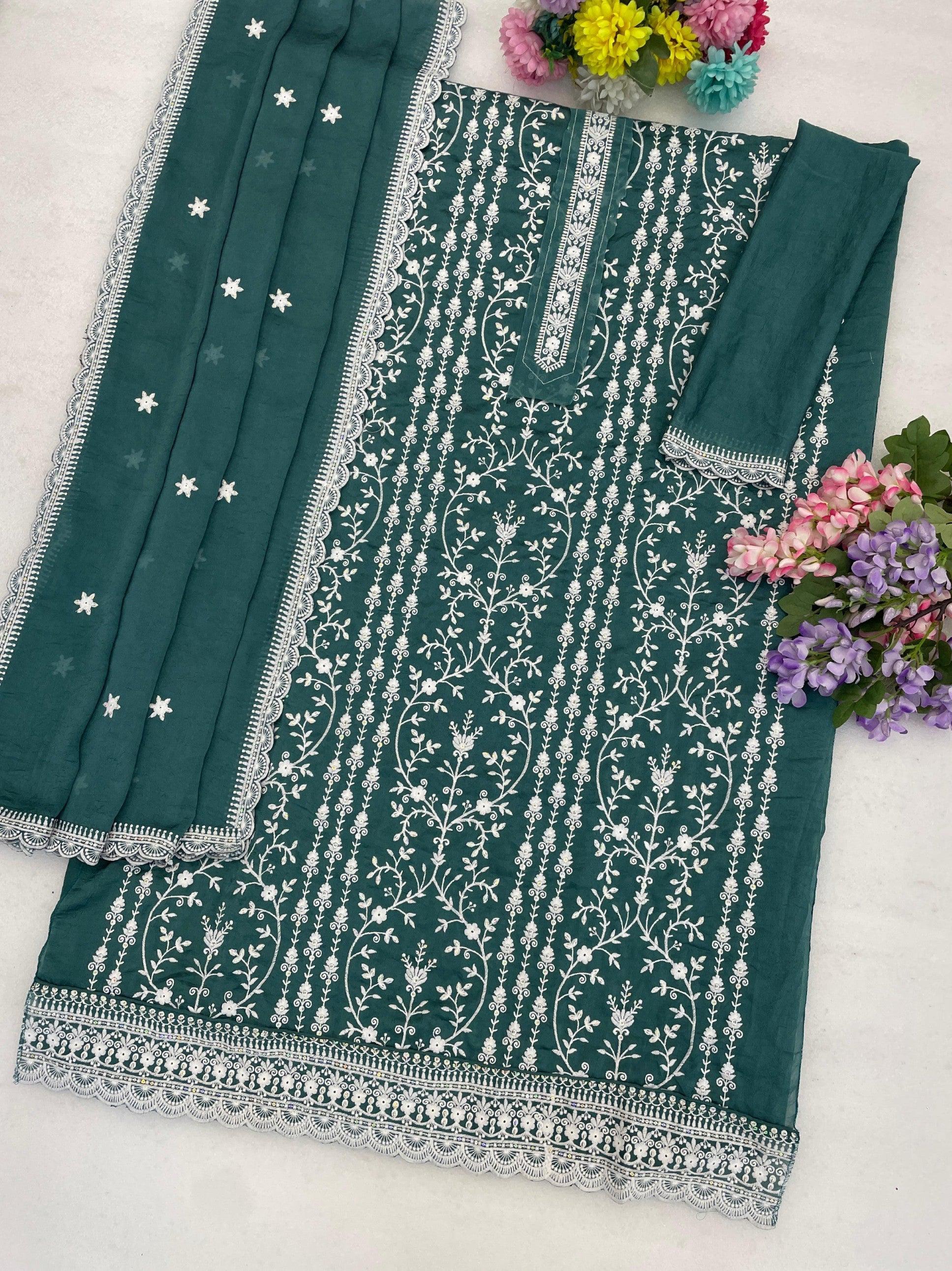 Anaita Emerald Silk Suit with Embroidery & Sequence Work - Dista