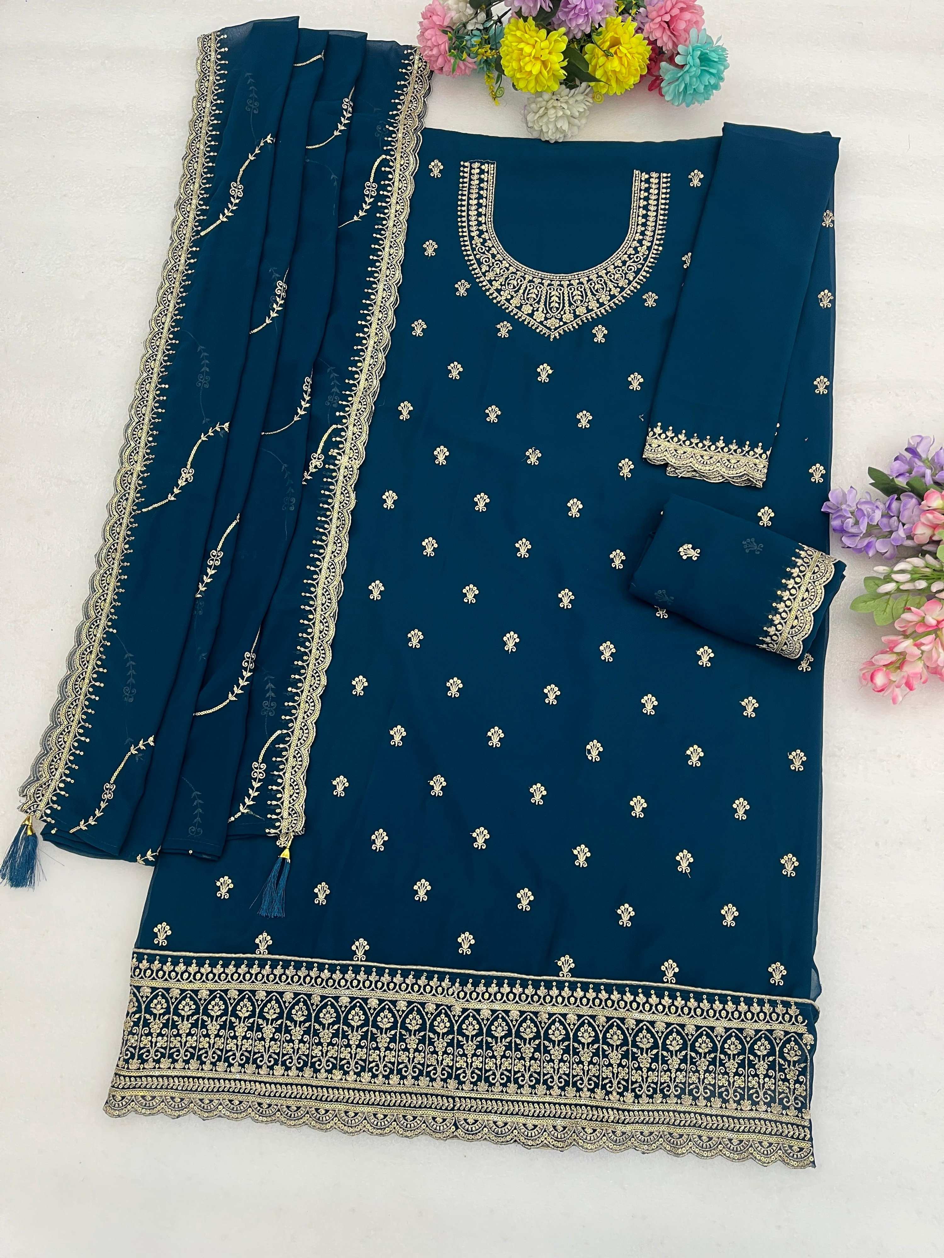 Anaita Teal Faux Georgette Suit With Embroidery Work - Dista