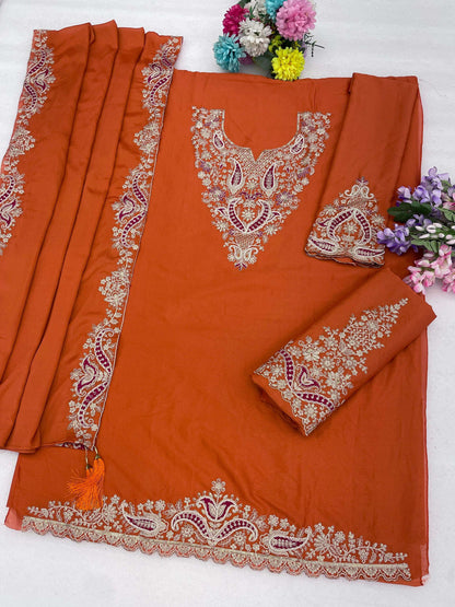Anaita Orange Chiffon Semi Stitched Suit with Embroidery & Sequence Work - Dista