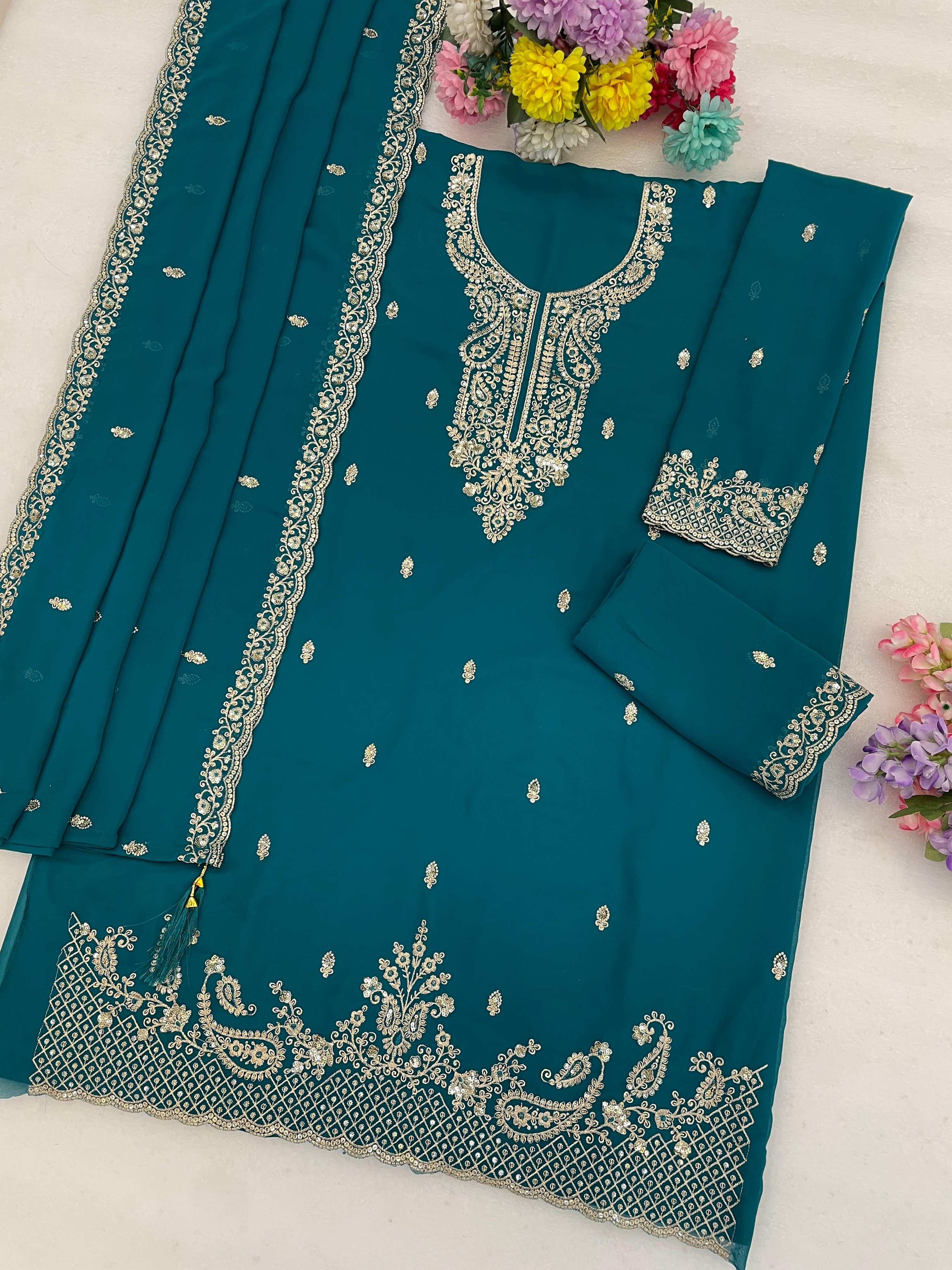 Anaita Teal Blue Faux Georgette Suit With Embroidery & Sequence Work - Dista