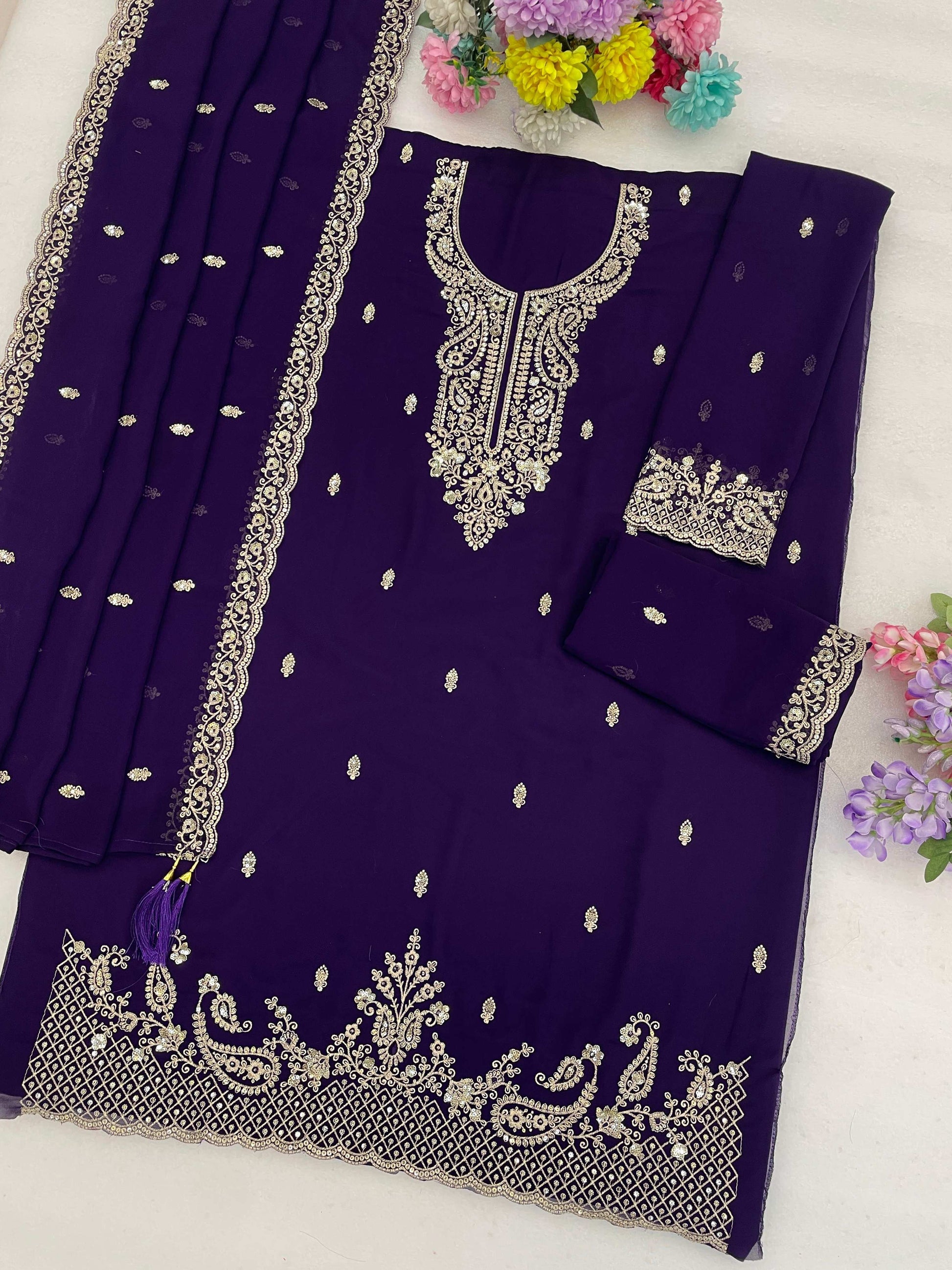 Anaita Violet Faux Georgette Suit With Embroidery & Sequence Work - Dista