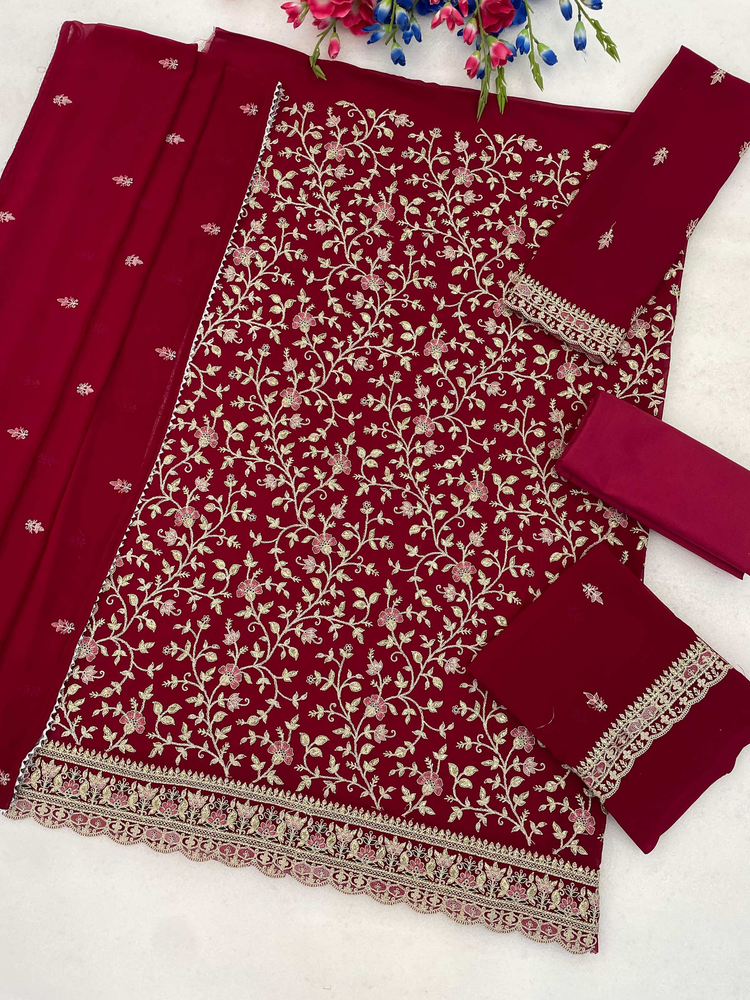 Anaita Maroon Fox Georgette Semi Stitched Suit with Embroidery & Coding Work - Dista