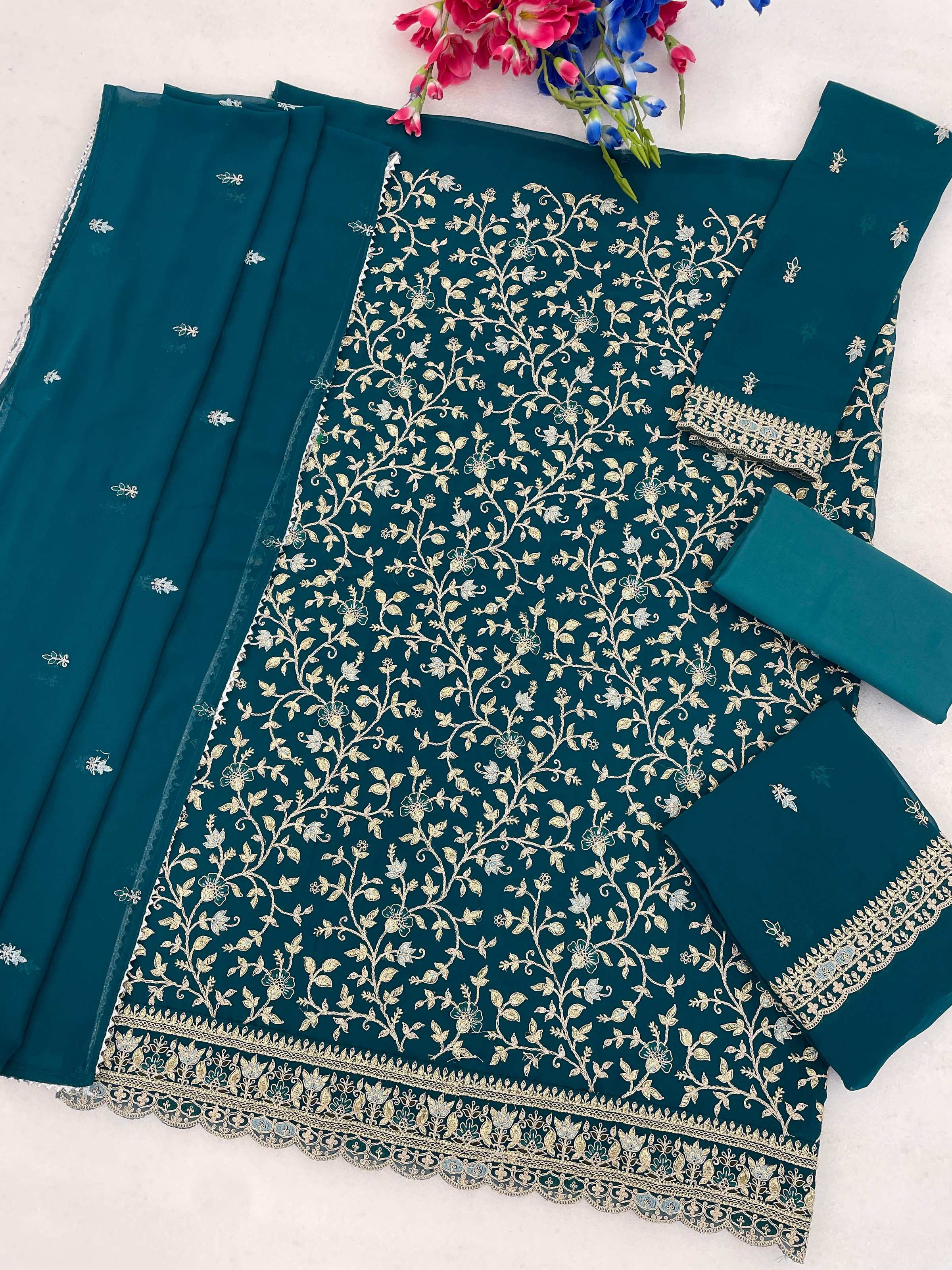 Anaita Blue Fox Georgette Semi Stitched Suit with Embroidery & Coding Work - Dista