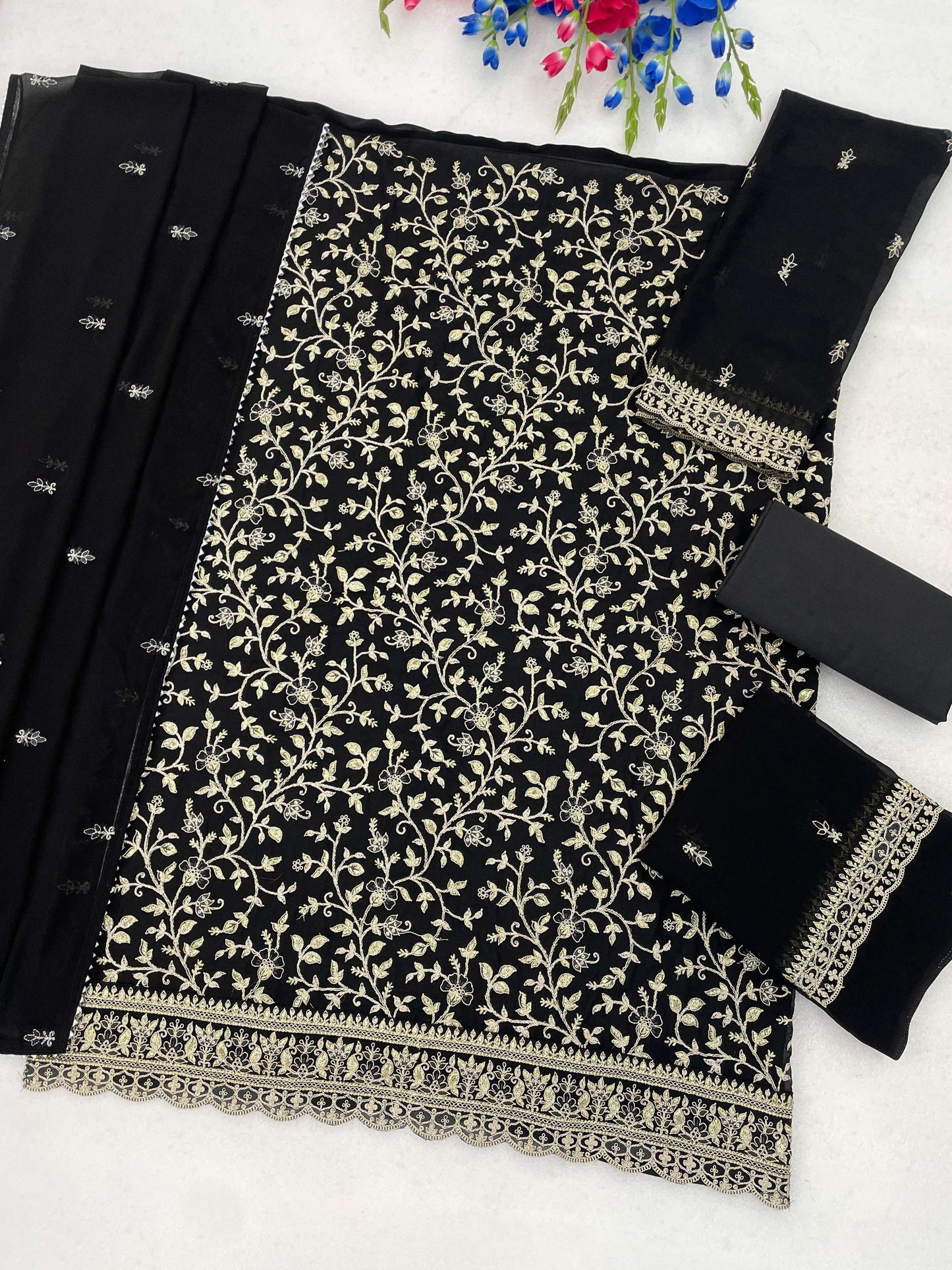 Anaita Black Fox Georgette Semi Stitched Suit with Embroidery & Coding Work - Dista