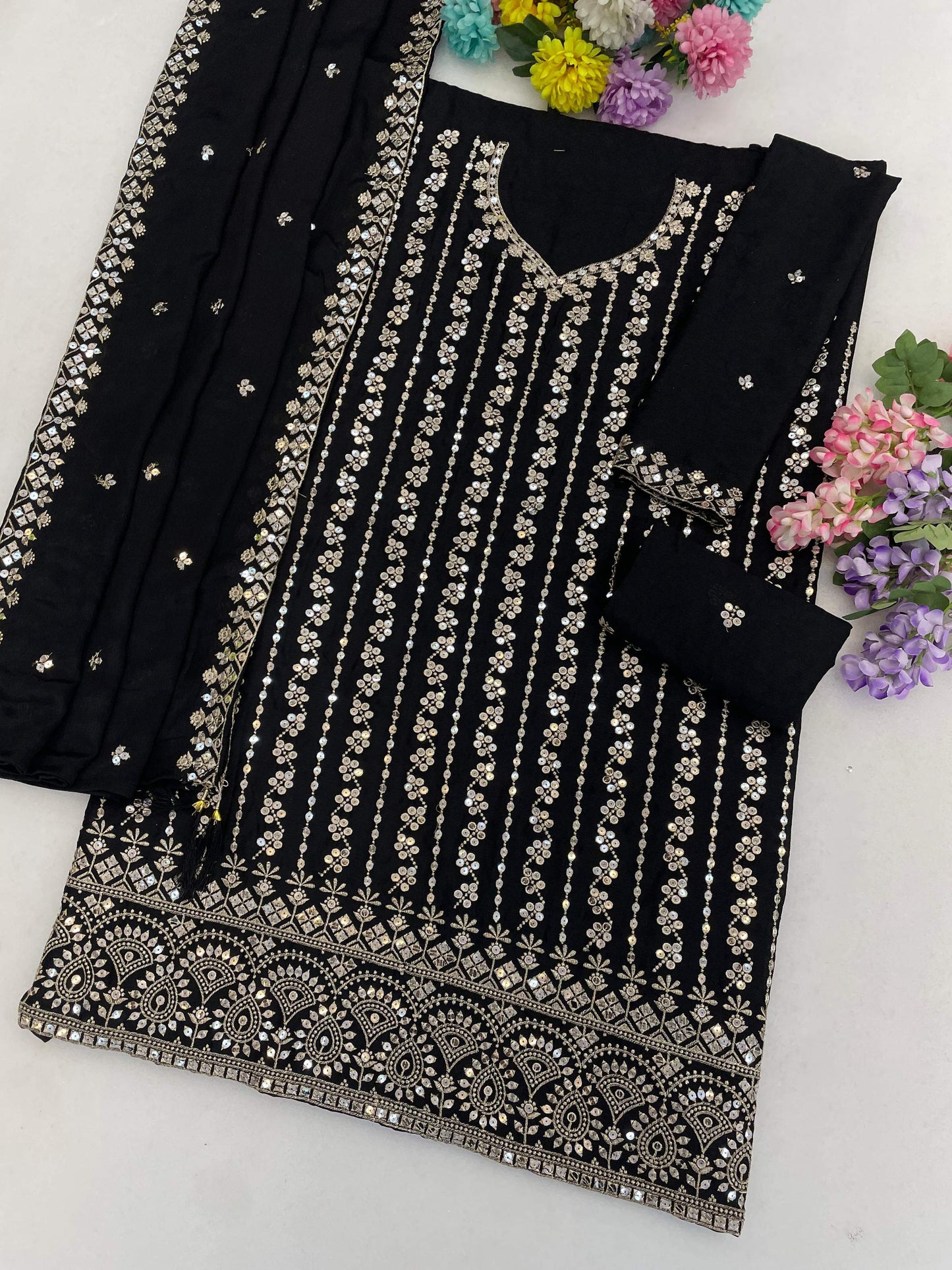 Anaita Black Chinon Semi Stitched Suit with Embroidery & Sequence Work - Dista