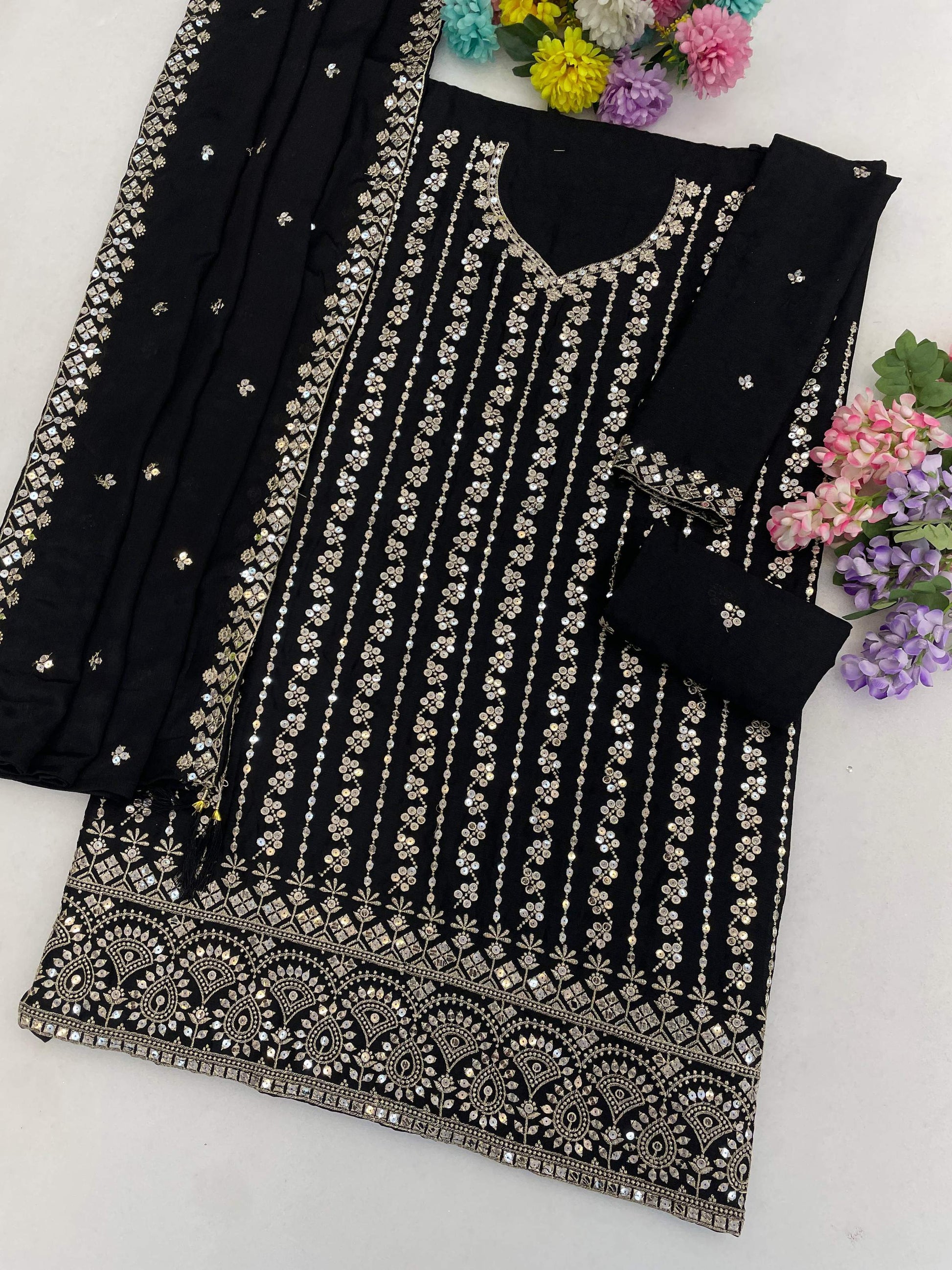 Anaita Black Chinon Semi Stitched Suit with Embroidery & Sequence Work - Dista