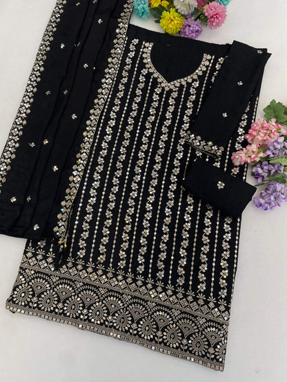 Anaita Black Chinon Semi Stitched Suit with Embroidery & Sequence Work - Dista