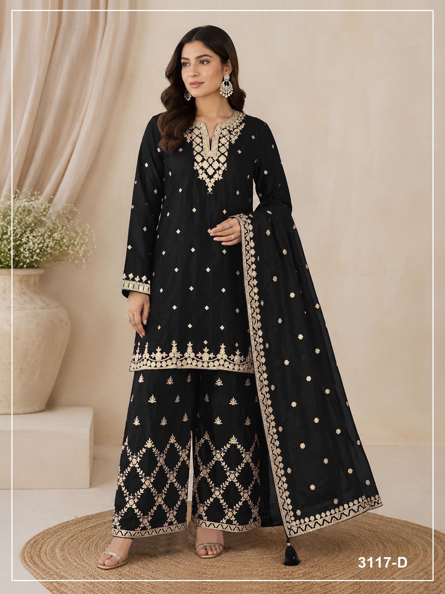 Anaita Black Chinon Semi Stitched Suit with Embroidery & Sequence Work - Dista
