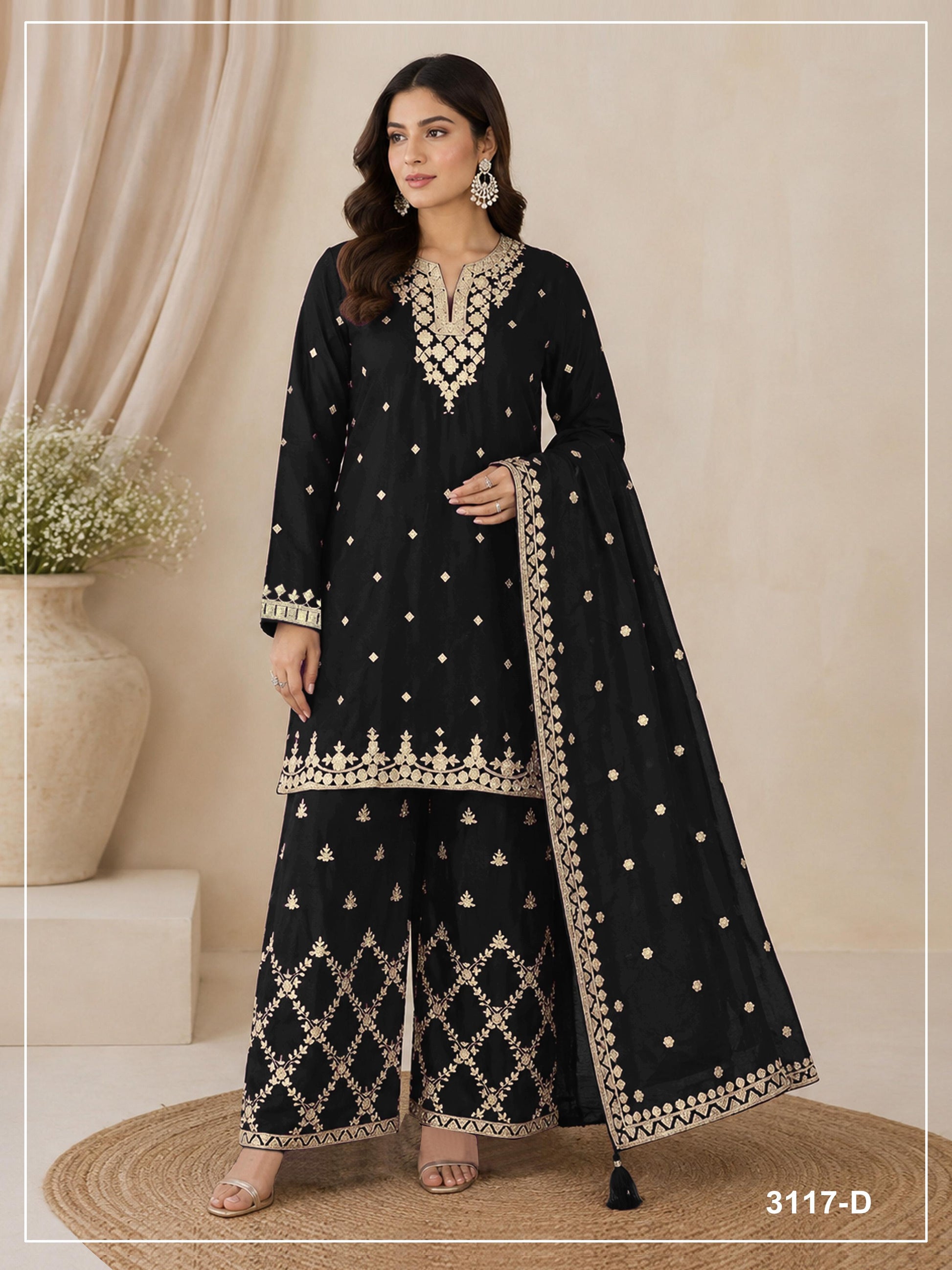 Anaita Black Chinon Semi Stitched Suit with Embroidery & Sequence Work - Dista