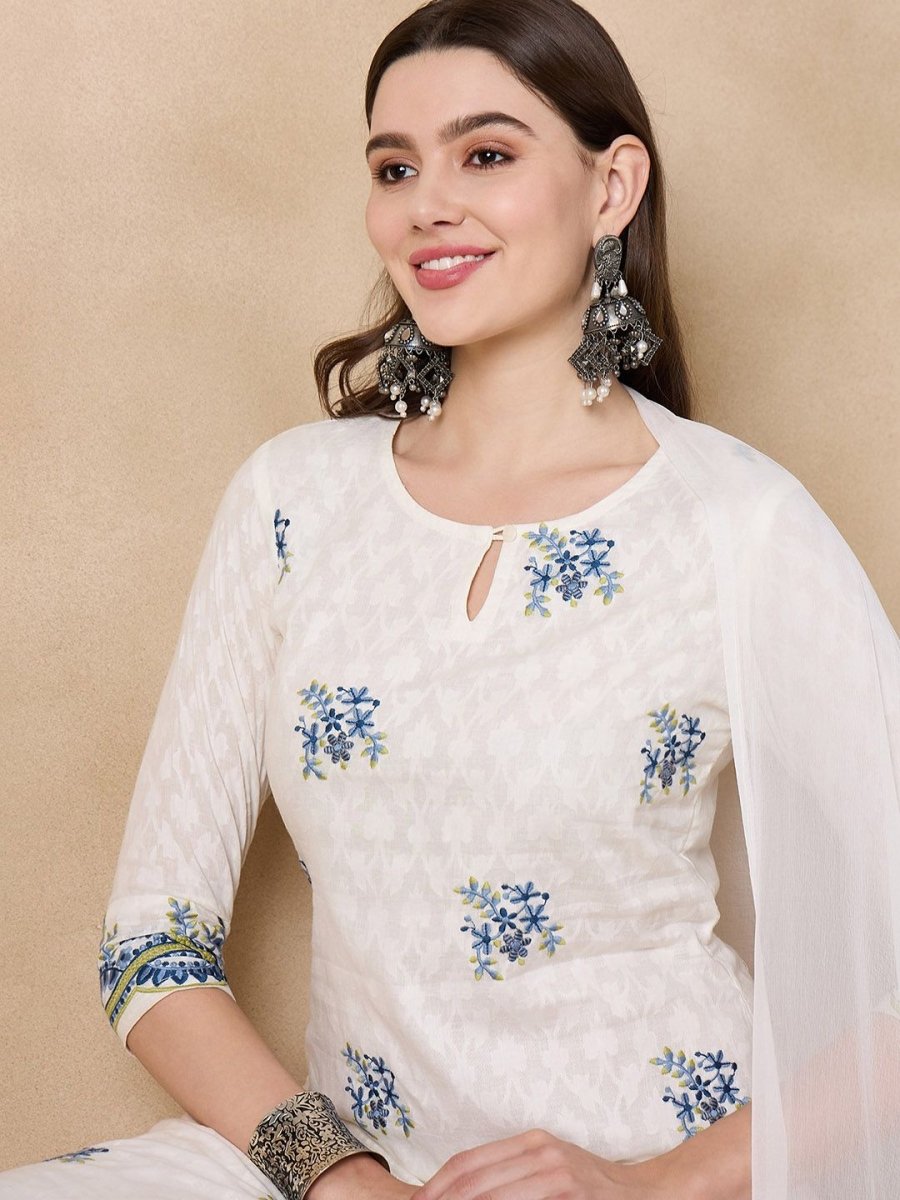 Anouk Floral Embroidered Thread Work Pure Cotton Straight Kurta with Trousers & Dupatta - Distacart