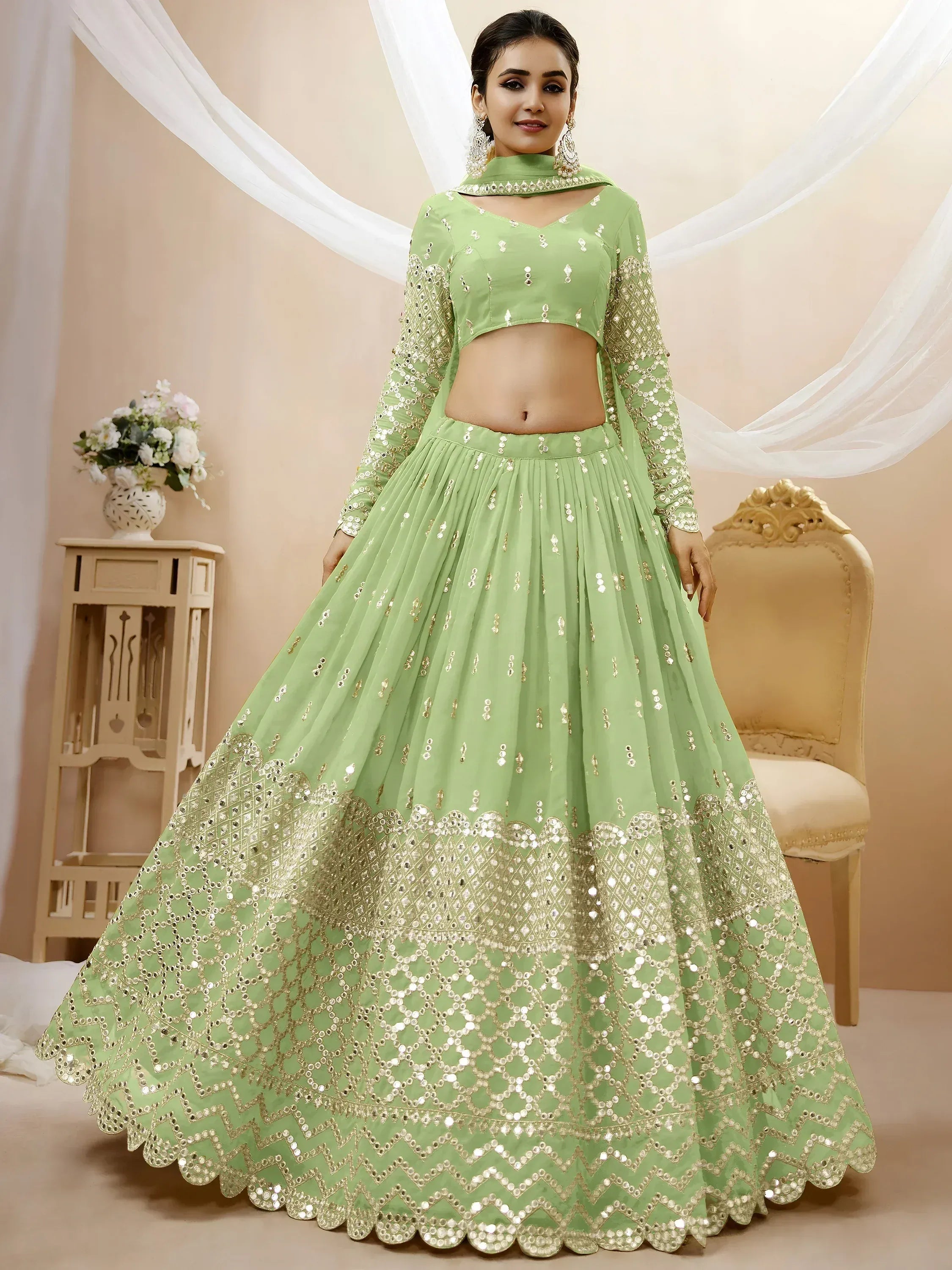 Tulsi Art Attractive Pastel Green Sequins Work Georgette Lehenga Choli - Dista