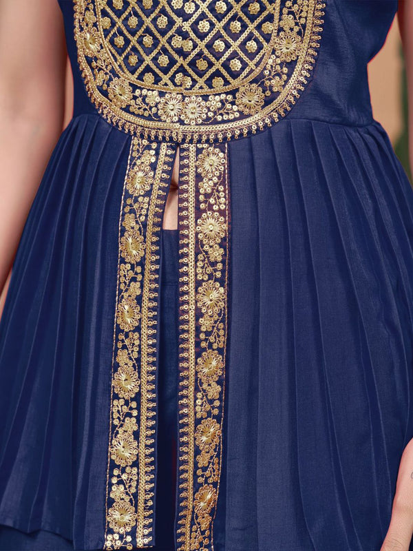 Sangria Chinnon Embroidered A-line Kurta Palazzo With Dupatta Set